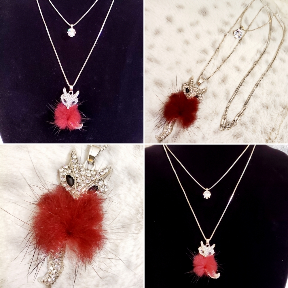 Silver Crystal fuzzy Fox necklace